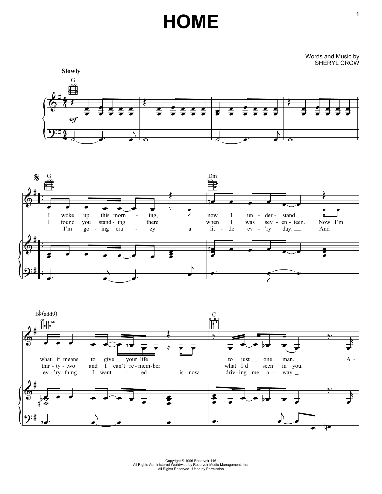 Sheryl Crow Home sheet music notes and chords arranged for Piano, Vocal & Guitar Chords (Right-Hand Melody)
