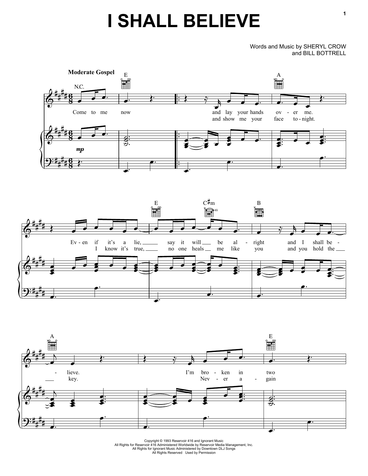 Sheryl Crow I Shall Believe sheet music notes and chords arranged for Piano, Vocal & Guitar Chords (Right-Hand Melody)