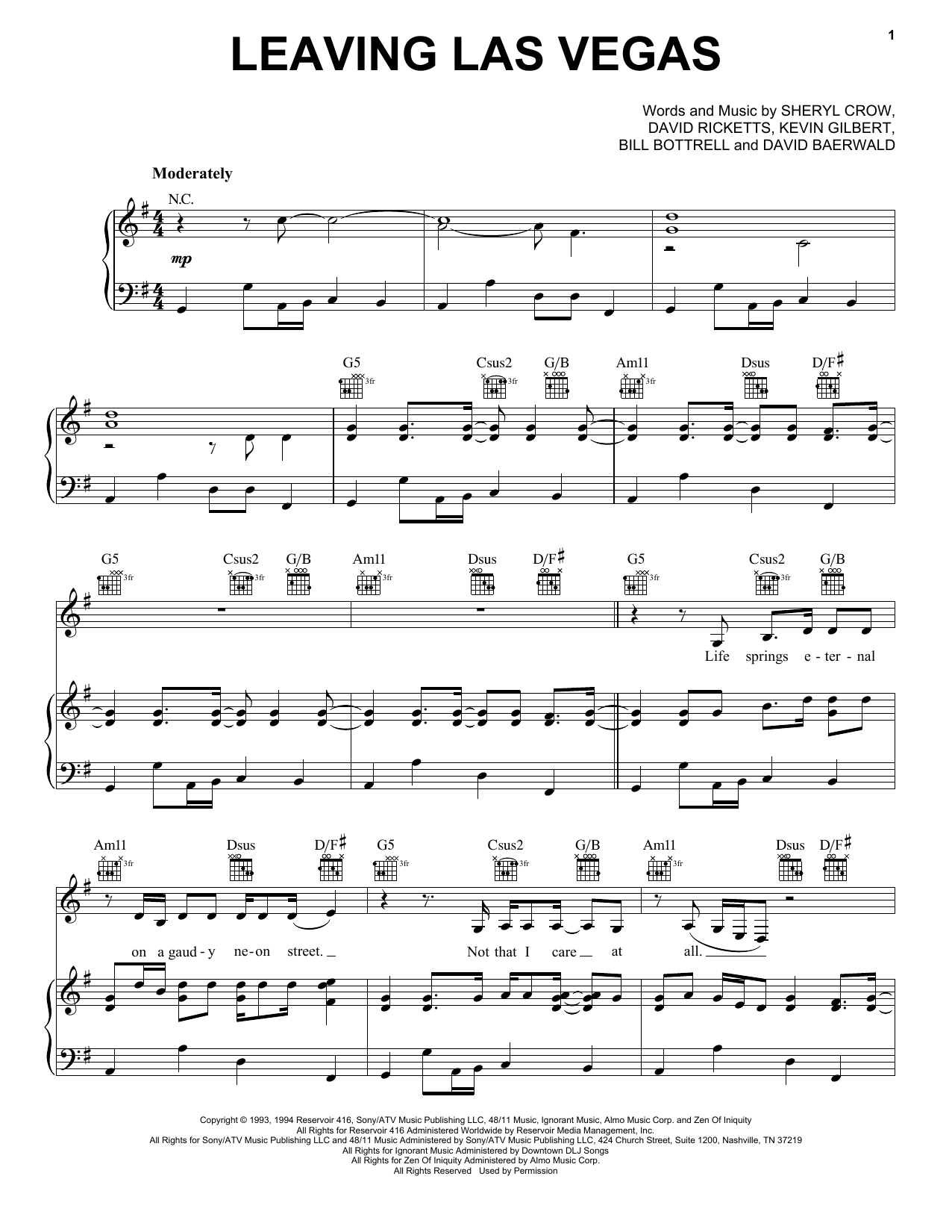 Sheryl Crow Leaving Las Vegas sheet music notes and chords arranged for Piano, Vocal & Guitar Chords (Right-Hand Melody)