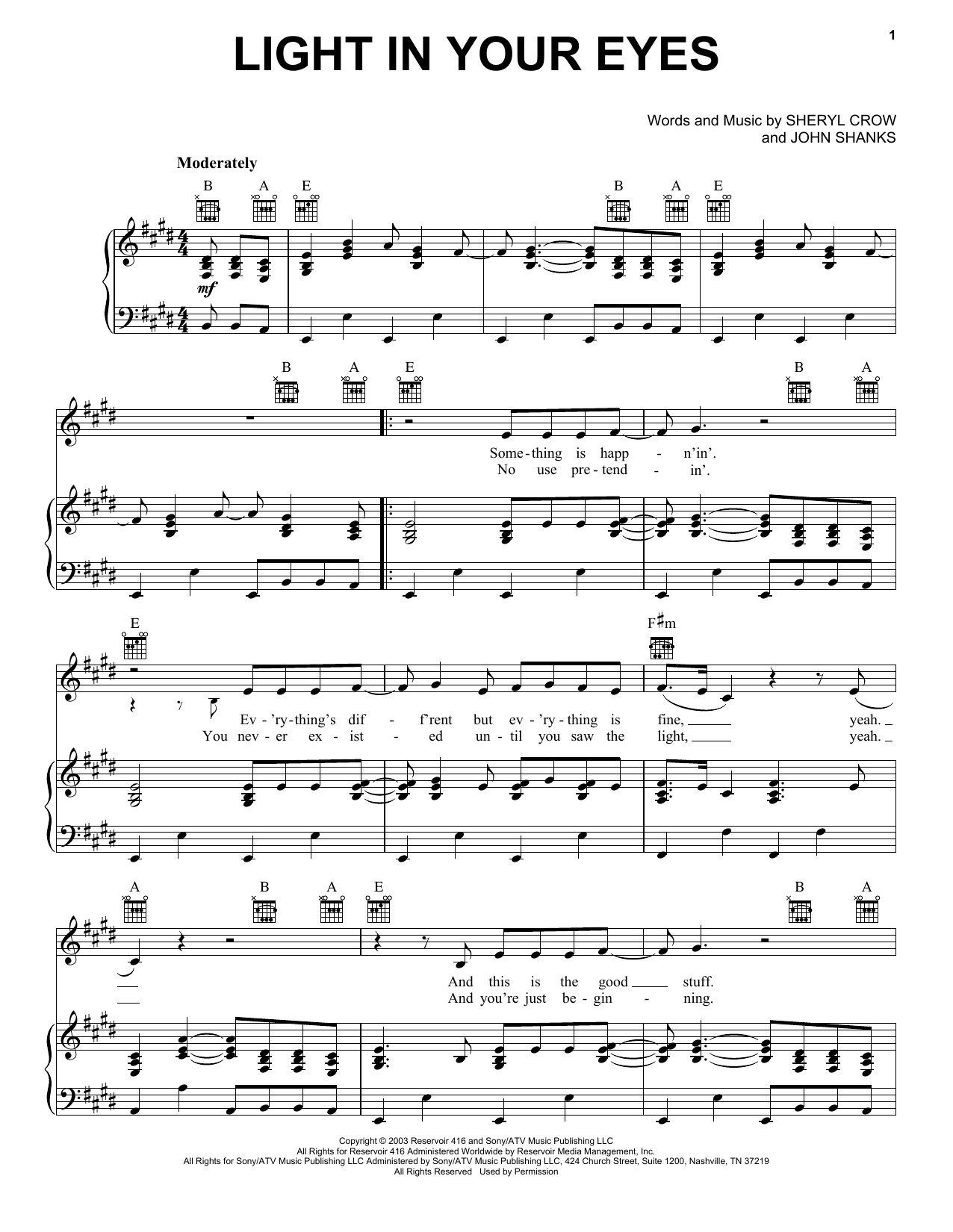 Sheryl Crow Light In Your Eyes sheet music notes and chords arranged for Piano, Vocal & Guitar Chords (Right-Hand Melody)