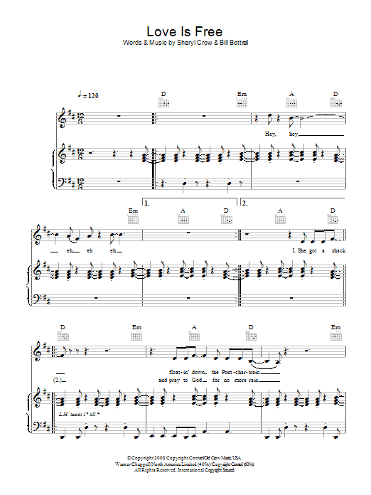 Sheryl Crow Love Is Free sheet music notes and chords arranged for Piano, Vocal & Guitar Chords
