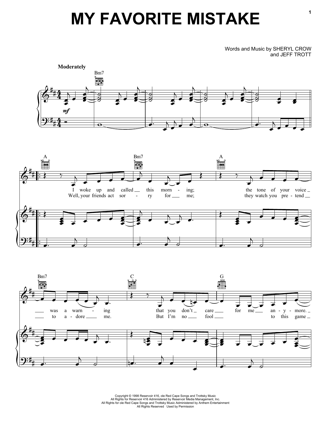 Sheryl Crow My Favorite Mistake sheet music notes and chords arranged for Piano, Vocal & Guitar Chords (Right-Hand Melody)