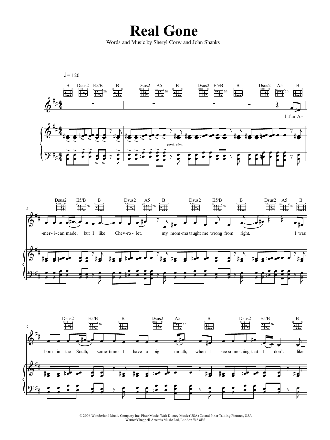 Sheryl Crow Real Gone (from Cars) sheet music notes and chords arranged for Lead Sheet / Fake Book
