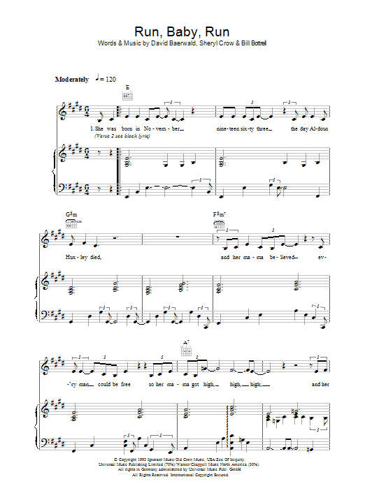 Sheryl Crow Run, Baby, Run sheet music notes and chords arranged for Piano, Vocal & Guitar Chords (Right-Hand Melody)