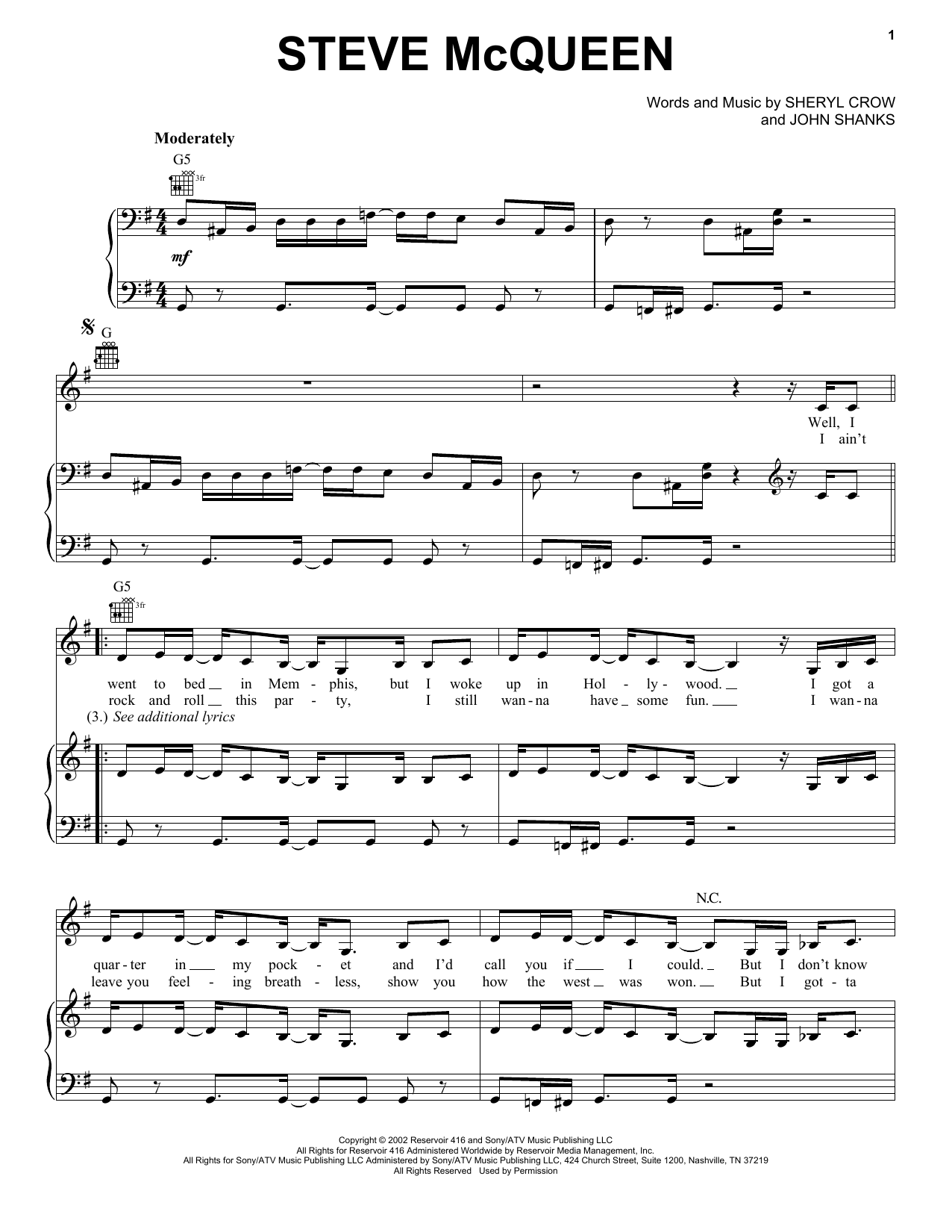 Sheryl Crow Steve McQueen sheet music notes and chords arranged for Piano, Vocal & Guitar Chords (Right-Hand Melody)