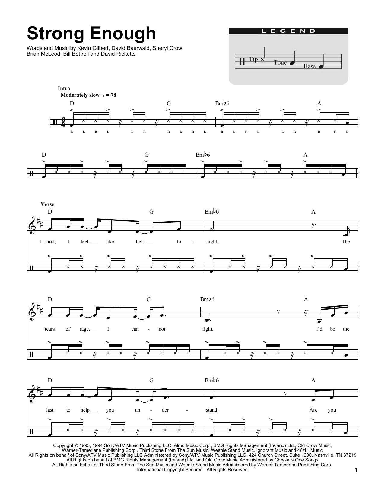 Sheryl Crow Strong Enough (for Acoustic Guitar, Voice and Cajón) sheet music notes and chords arranged for Drums Transcription