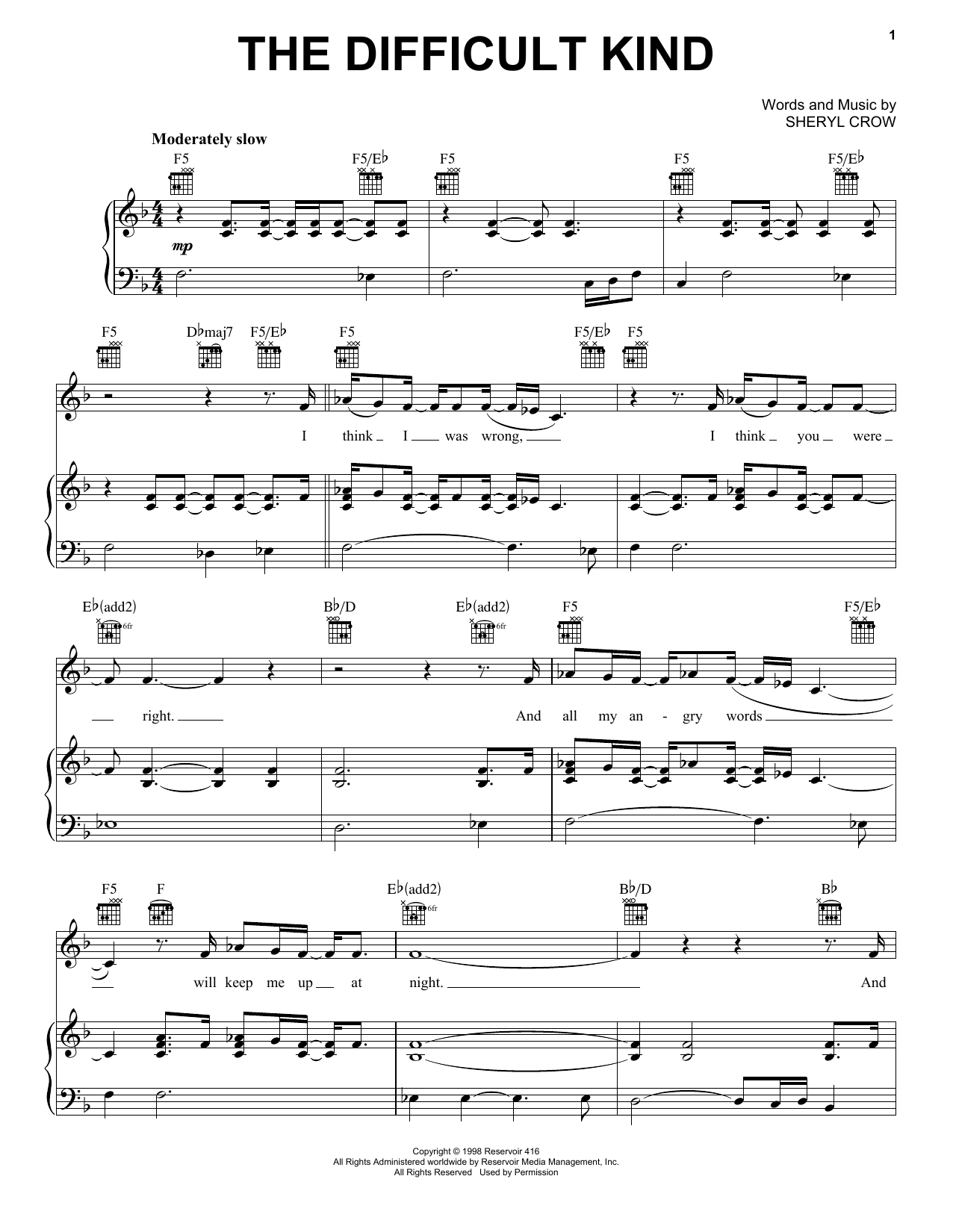 Sheryl Crow The Difficult Kind sheet music notes and chords arranged for Piano, Vocal & Guitar Chords (Right-Hand Melody)