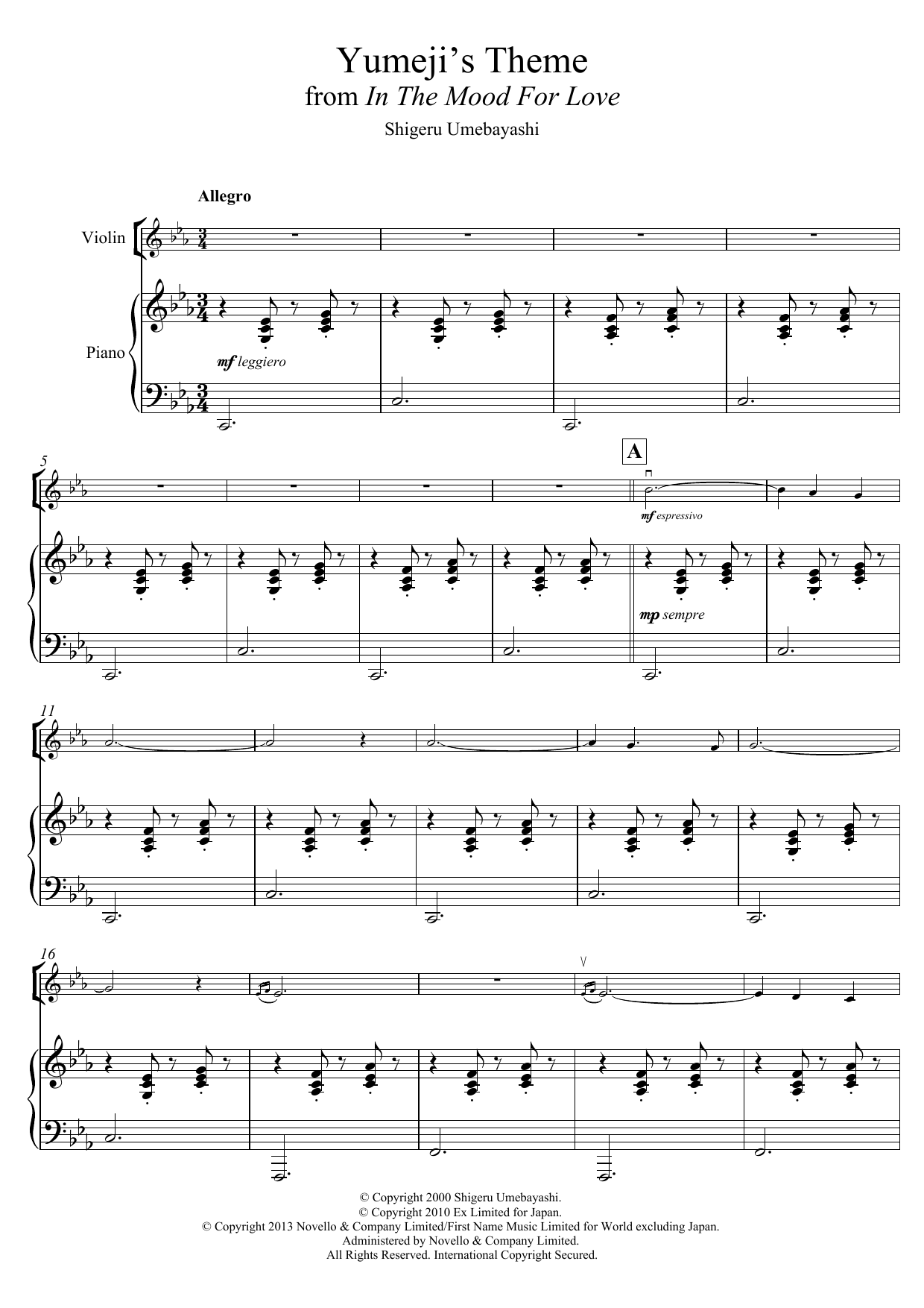 Shigeru Umebayashi Yumeji's Theme (from 'In The Mood For Love') sheet music notes and chords arranged for Piano Solo