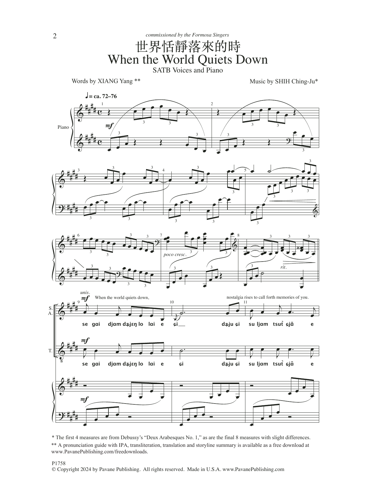 Shih Ching-Ju When The World Quiets Down sheet music notes and chords arranged for SATB Choir