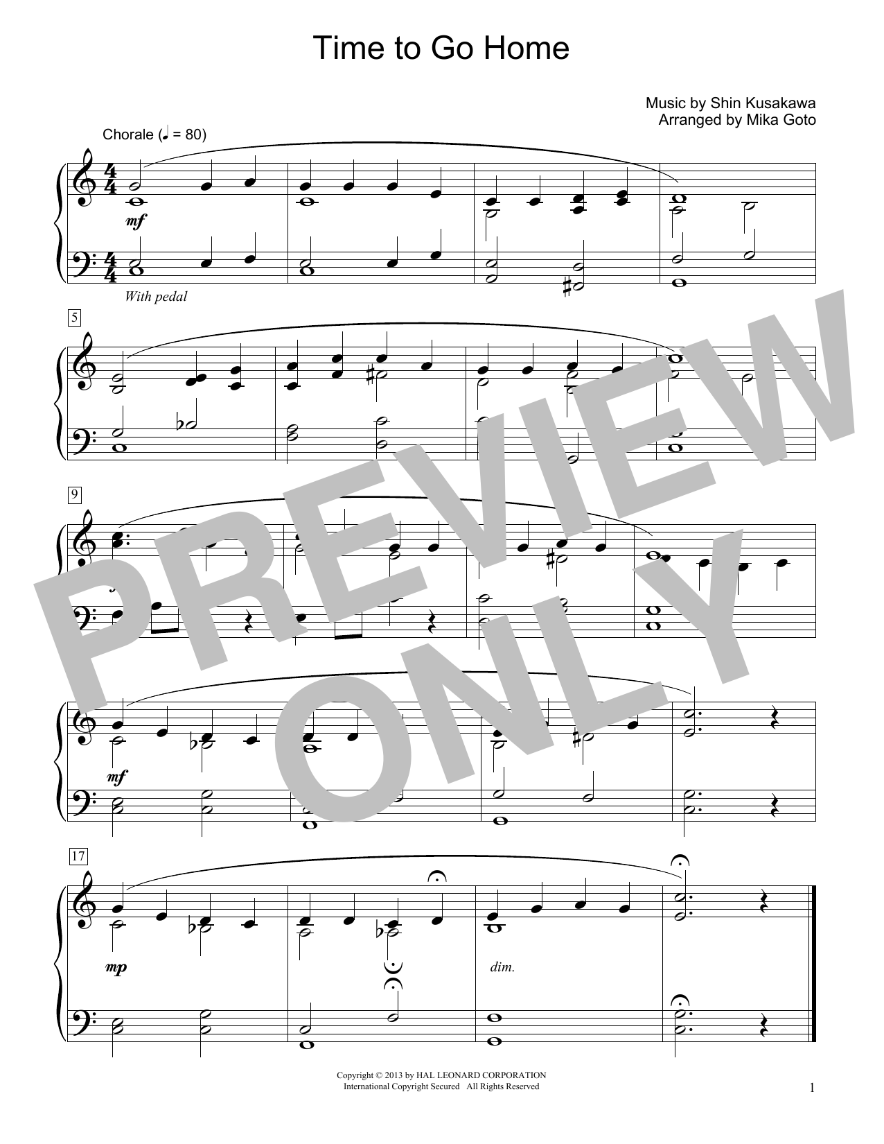 Shin Kusakawa Time To Go Home (arr. Mika Goto) sheet music notes and chords arranged for Educational Piano