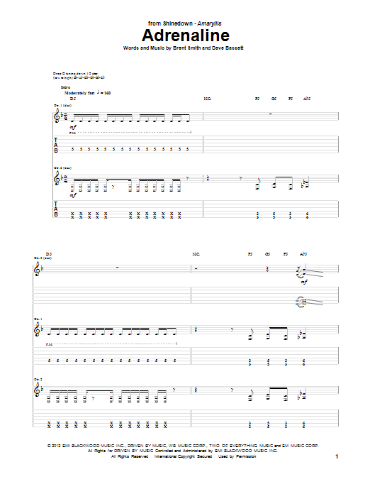 Shinedown Adrenaline sheet music notes and chords arranged for Guitar Tab