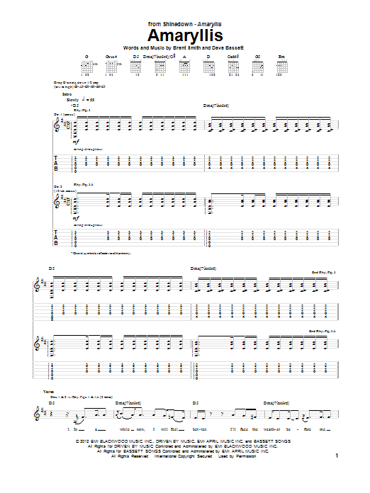 Shinedown Amaryllis sheet music notes and chords arranged for Guitar Tab