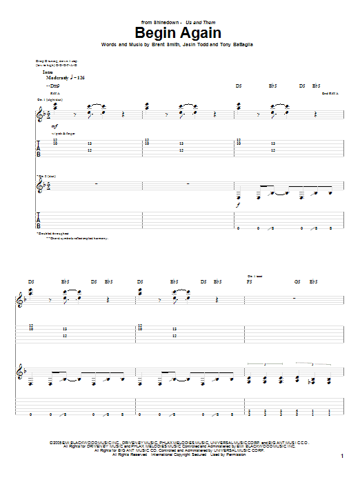 Shinedown Begin Again sheet music notes and chords arranged for Guitar Tab