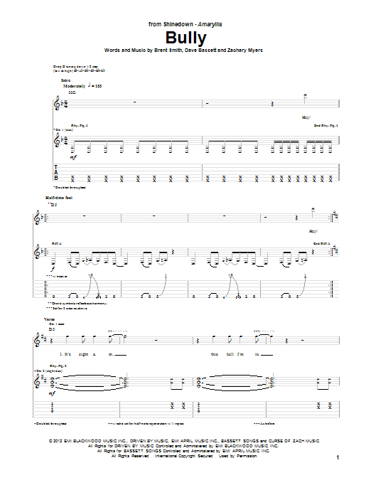 Shinedown Bully sheet music notes and chords arranged for Guitar Tab
