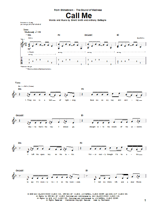 Shinedown Call Me sheet music notes and chords arranged for Guitar Tab