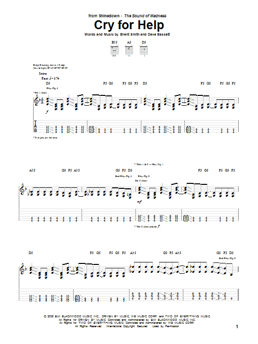 Shinedown Cry For Help sheet music notes and chords arranged for Guitar Tab