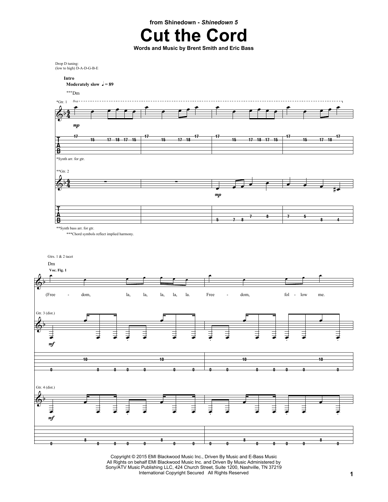 Shinedown Cut The Cord sheet music notes and chords arranged for Guitar Tab