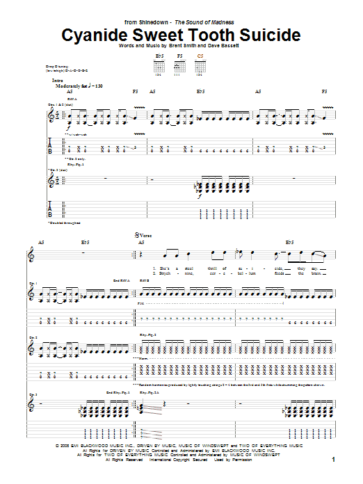 Shinedown Cyanide Sweet Tooth Suicide sheet music notes and chords arranged for Guitar Tab