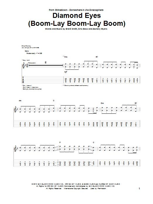 Shinedown Diamond Eyes (Boom-Lay Boom-Lay Boom) sheet music notes and chords arranged for Guitar Tab