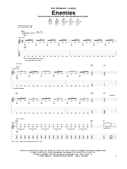 Shinedown Enemies sheet music notes and chords arranged for Guitar Tab