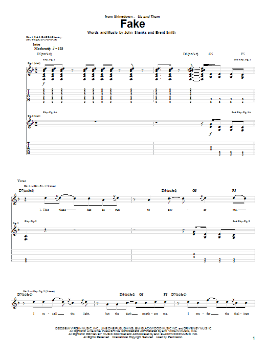 Shinedown Fake sheet music notes and chords arranged for Guitar Tab
