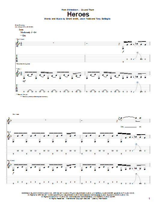 Shinedown Heroes sheet music notes and chords arranged for Guitar Tab
