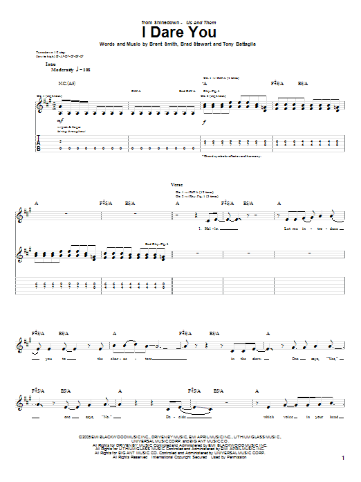 Shinedown I Dare You sheet music notes and chords arranged for Guitar Tab