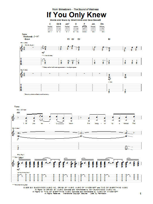 Shinedown If You Only Knew sheet music notes and chords arranged for Guitar Tab