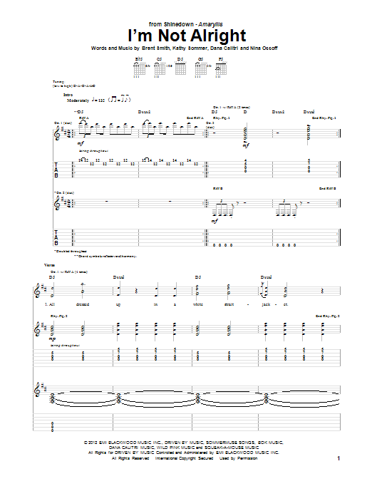 Shinedown I'm Not Alright sheet music notes and chords arranged for Guitar Tab