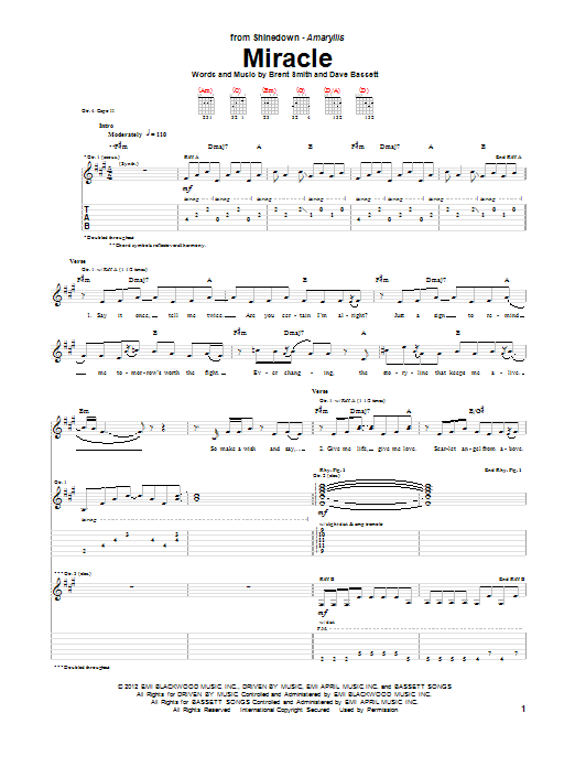 Shinedown Miracle sheet music notes and chords arranged for Guitar Tab