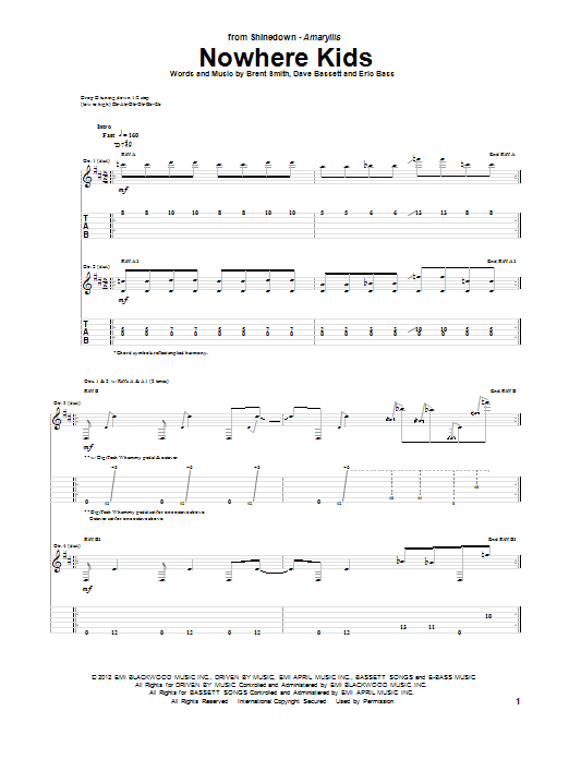 Shinedown Nowhere Kids sheet music notes and chords arranged for Guitar Tab