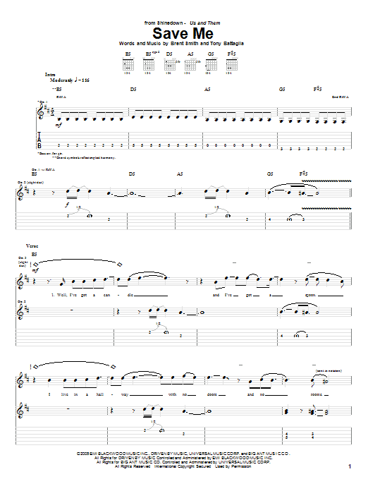 Shinedown Save Me sheet music notes and chords arranged for Guitar Tab