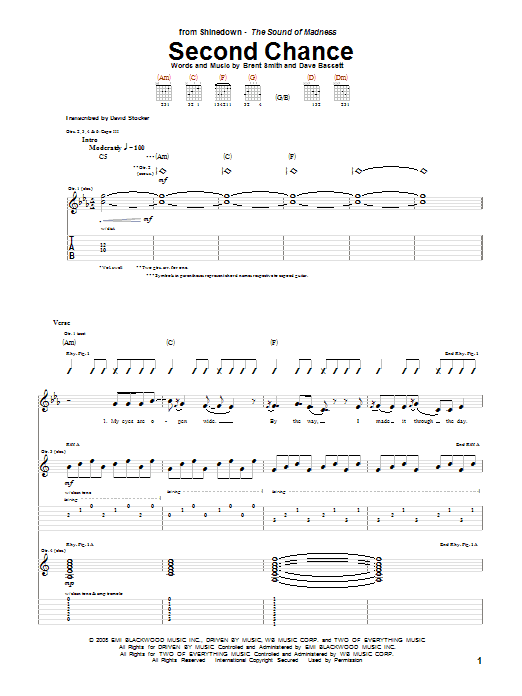 Shinedown Second Chance sheet music notes and chords arranged for Guitar Tab