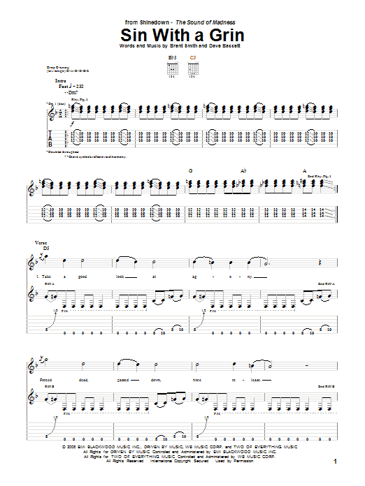 Shinedown Sin With A Grin sheet music notes and chords arranged for Guitar Tab