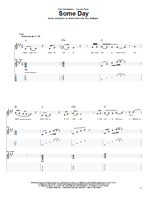 Shinedown Some Day sheet music notes and chords arranged for Guitar Tab