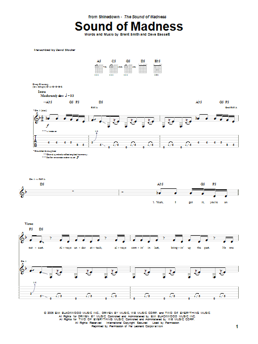 Shinedown Sound Of Madness sheet music notes and chords arranged for Guitar Tab