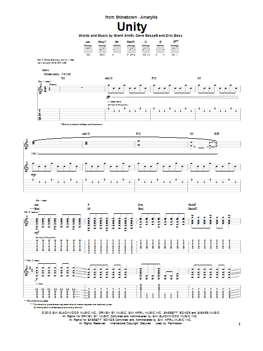 Shinedown Unity sheet music notes and chords arranged for Guitar Tab