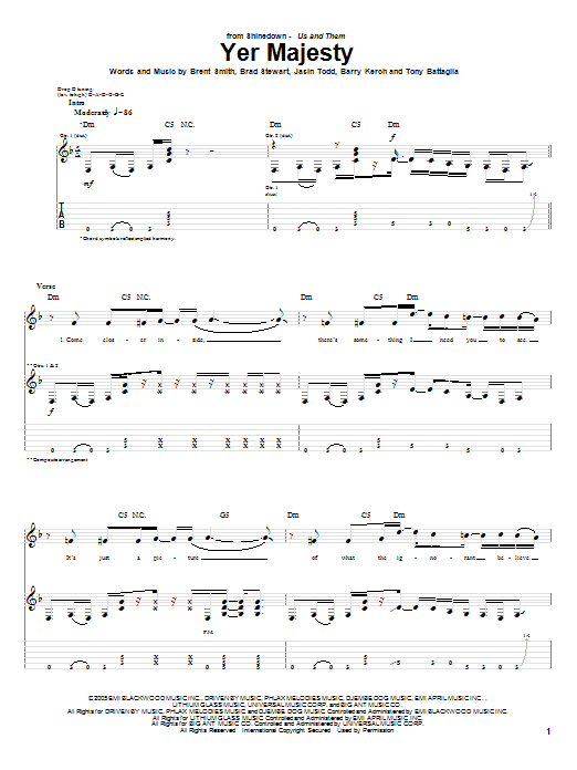 Shinedown Yer Majesty sheet music notes and chords arranged for Guitar Tab