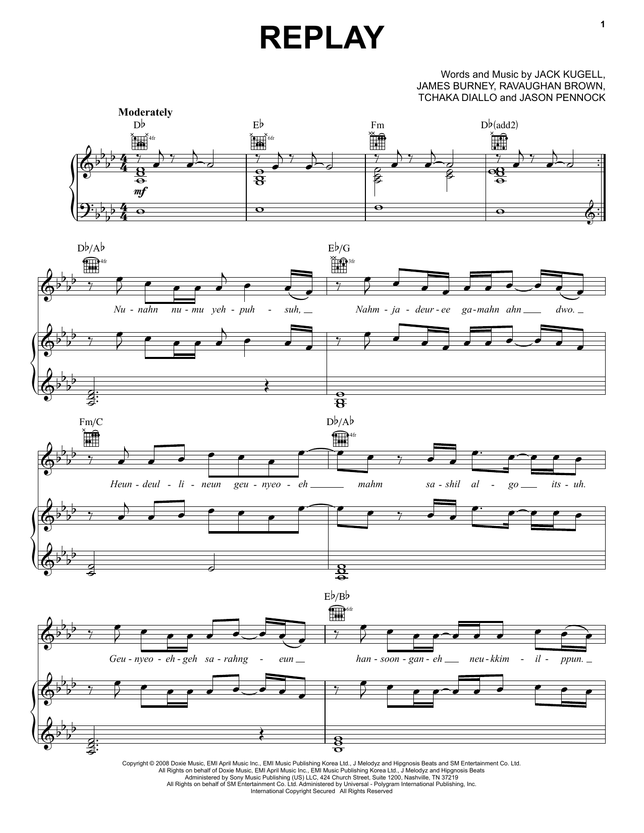 SHINee Replay sheet music notes and chords arranged for Piano, Vocal & Guitar Chords (Right-Hand Melody)