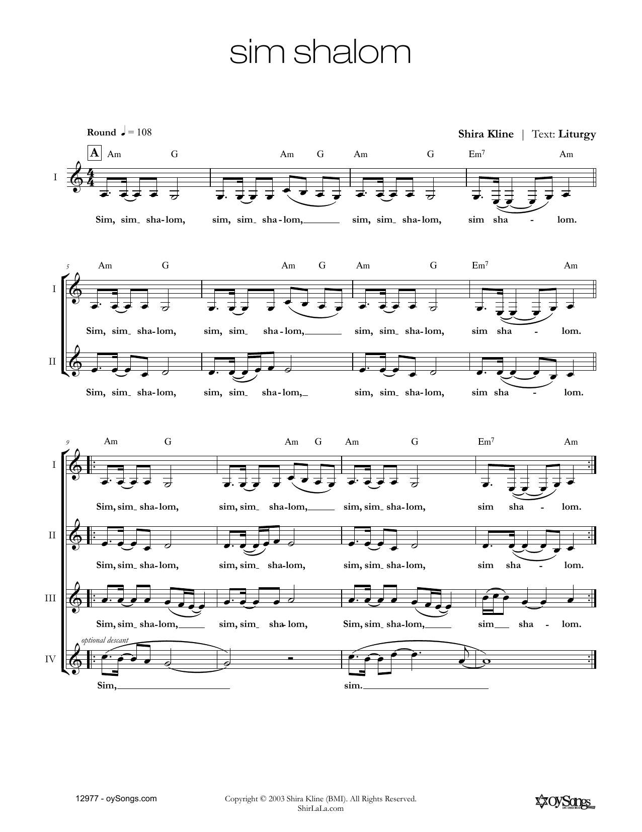 Shira Kline Sim Shalom sheet music notes and chords arranged for Lead Sheet / Fake Book