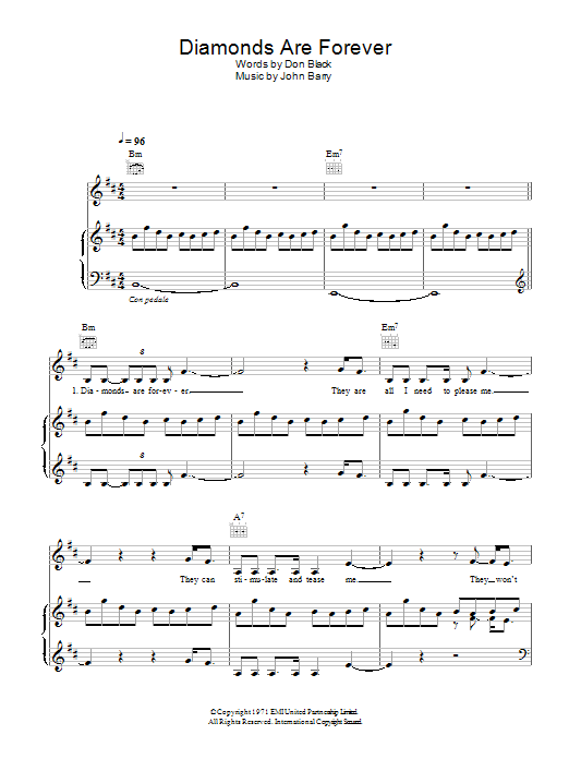 Shirley Bassey Diamonds Are Forever sheet music notes and chords arranged for Easy Piano