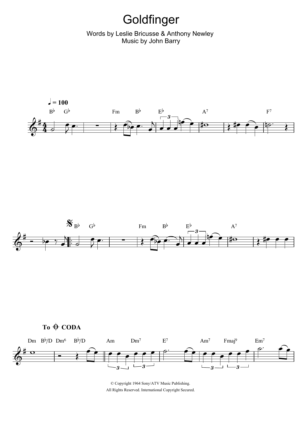 Shirley Bassey Goldfinger (from James Bond: 'Goldfinger') sheet music notes and chords arranged for Flute Solo