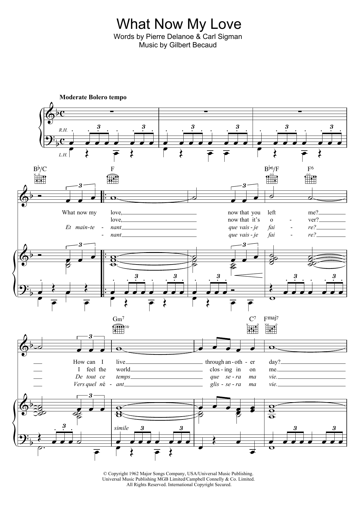 Shirley Bassey What Now My Love sheet music notes and chords arranged for Piano, Vocal & Guitar Chords