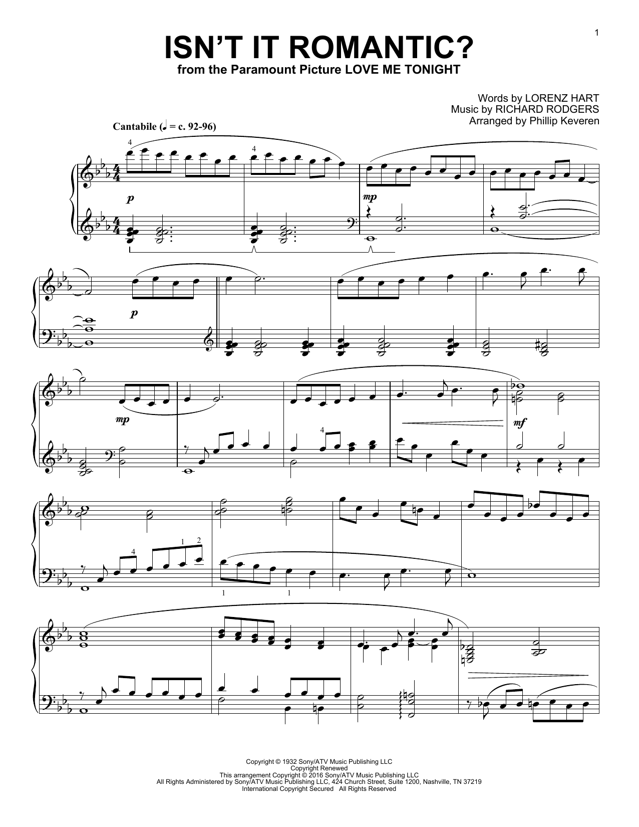 Shirley Horn Isn't It Romantic? (arr. Phillip Keveren) sheet music notes and chords arranged for Piano Solo