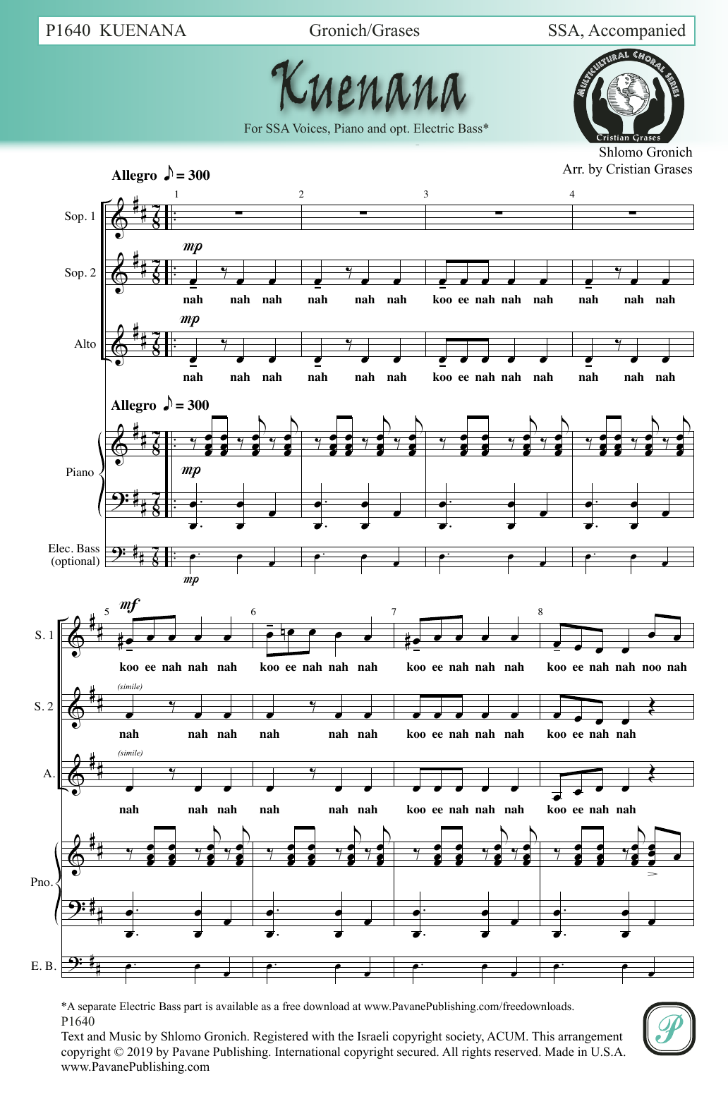 Shlomo Gronich Kuenana (arr. Cristian Grases) sheet music notes and chords arranged for SSA Choir