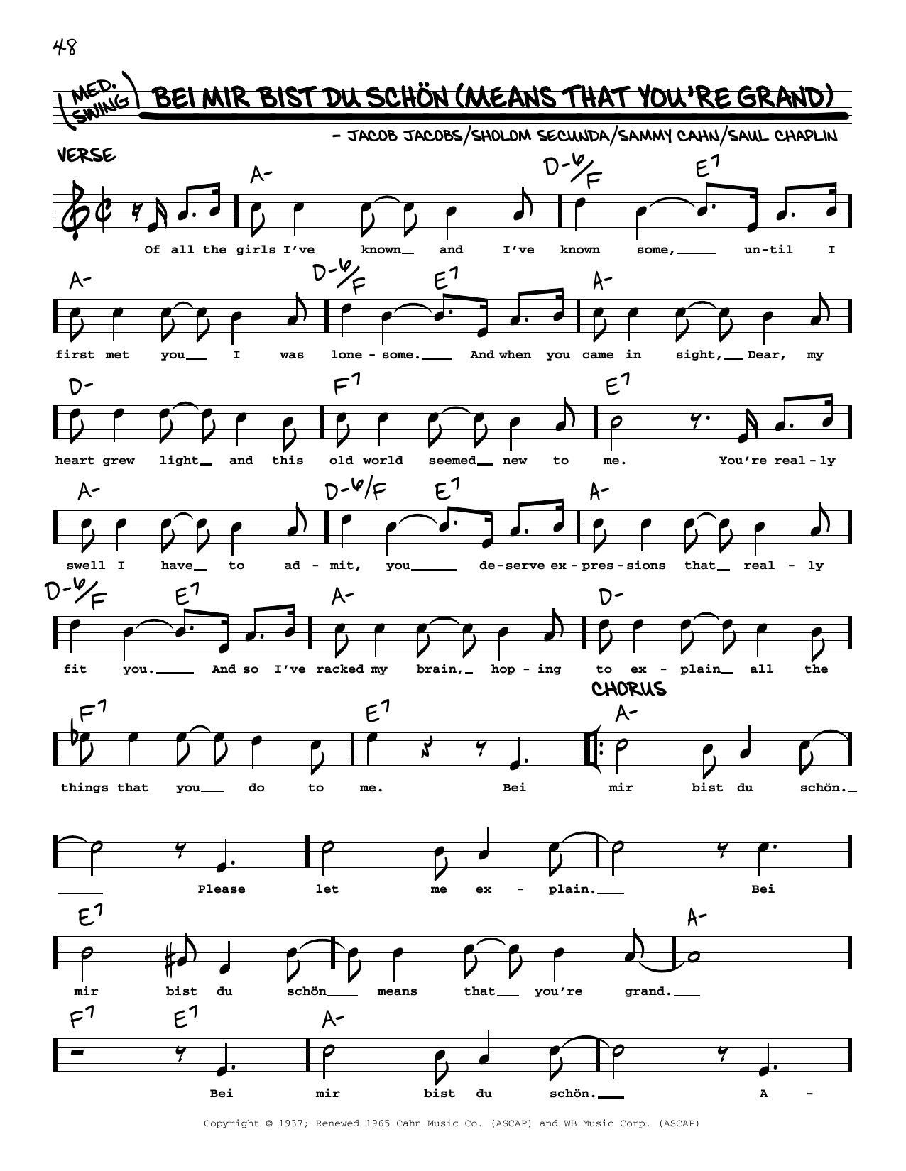 Sholom Secunda Bei Mir Bist Du Schon (Means That You're Grand) (arr. Robert Rawlins) sheet music notes and chords arranged for Real Book – Melody, Lyrics & Chords