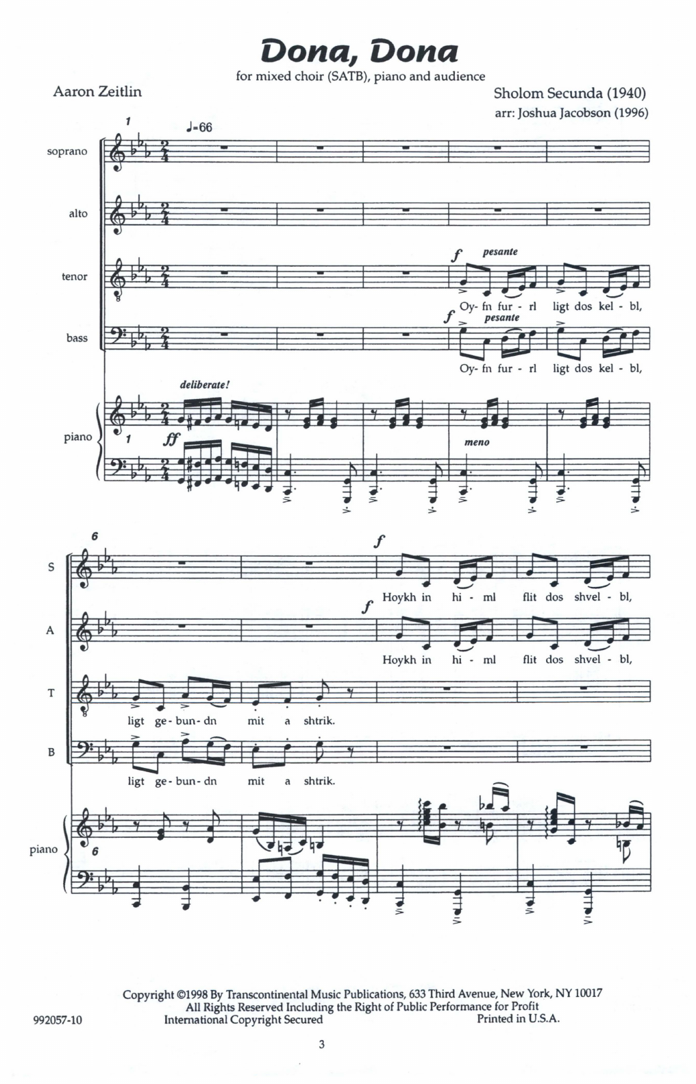 Sholom Secunda Dona, Dona (arr. Joshua Jacobson) sheet music notes and chords arranged for SATB Choir