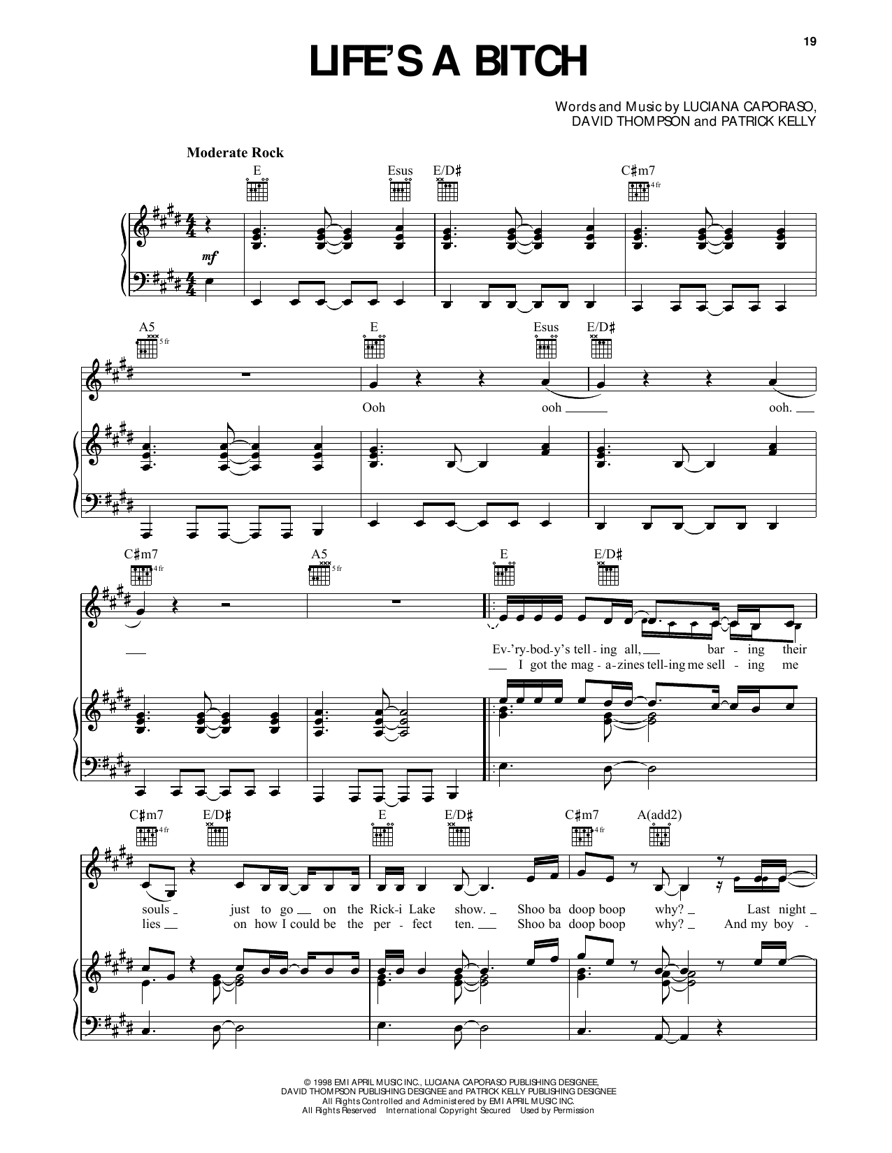 Shooter Life's A Bitch (from Dawson's Creek) sheet music notes and chords arranged for Piano, Vocal & Guitar Chords (Right-Hand Melody)