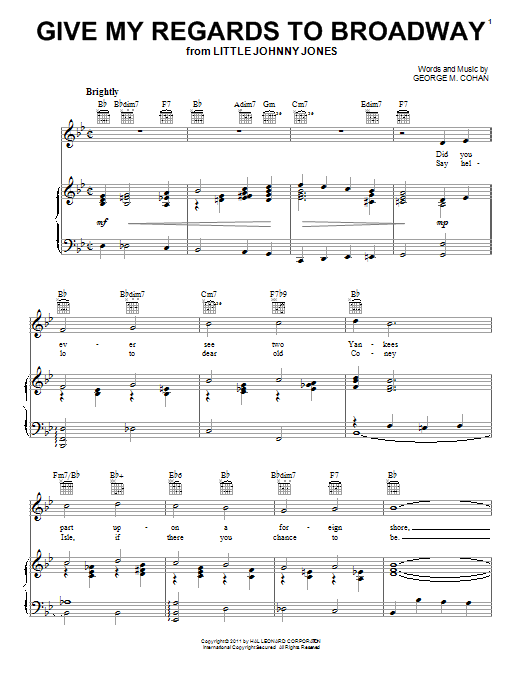 Showtune Give My Regards To Broadway sheet music notes and chords arranged for Piano, Vocal & Guitar Chords (Right-Hand Melody)