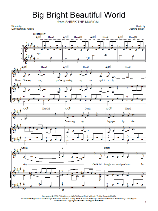 Shrek The Musical Big Bright Beautiful World sheet music notes and chords arranged for Piano, Vocal & Guitar Chords (Right-Hand Melody)